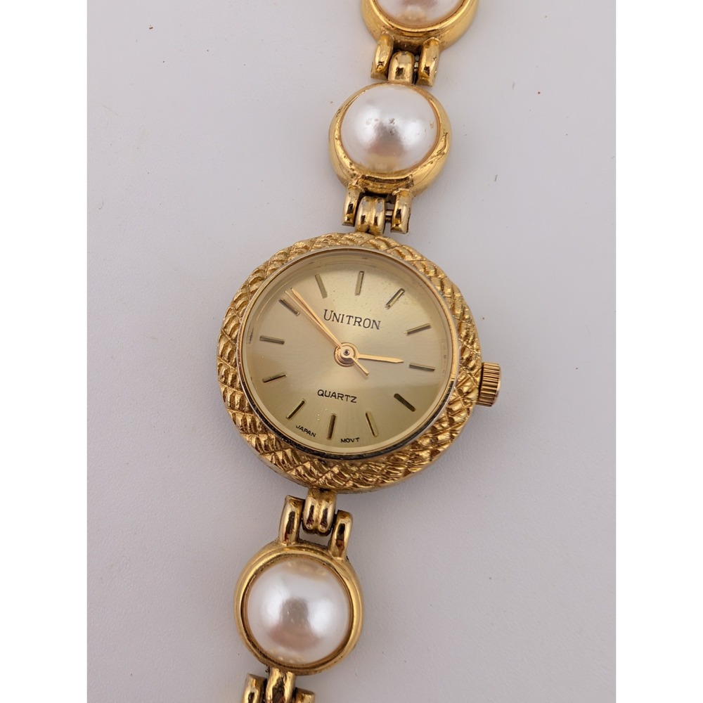 Vintage Unitron Watch Women 21mm Gold Case 6.25" Pearl Band- New Battery